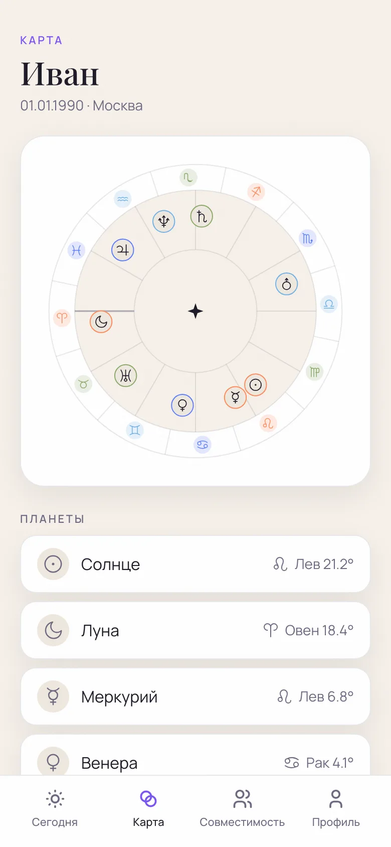 Натальная карта в Astri: колесо знаков и список планет